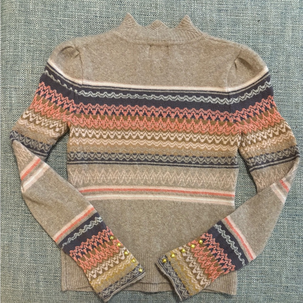 Anthropologie Taupe Fair Isle Mock-Neck Sweater with Pink and Brown Accents XS - Picture 3 of 6